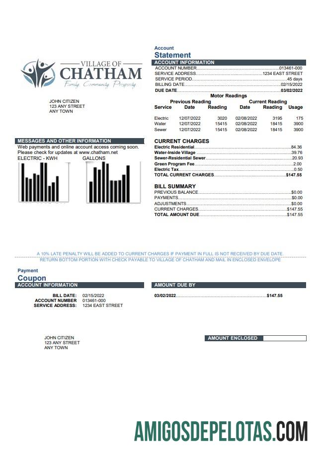 Para baixar modelo de conta de serviços públicos da vila de Chatham nos EUA em formato Word e PDF